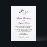 Traditionele Royal Paarse Monogram Elegante bruilo Kaart<br><div class="desc">Traditionele en klastige huwelijksuitnodiging met een eenvoudig ontwerp met je twee initiaal monogram en je namen in een elegante royal paarse kalligrafie binnen een dunne rand. De achterkant is stevig paars. Dit klassieke ontwerp is perfect voor een officiële bruiloft in de herfst/herfst.</div>