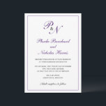 Traditionele Royal Paarse Monogram Elegante bruilo Kaart<br><div class="desc">Traditionele en klastige huwelijksuitnodiging met een eenvoudig ontwerp met je twee initiaal monogram en je namen in een elegante royal paarse kalligrafie binnen een dunne rand. De achterkant is stevig paars. Dit klassieke ontwerp is perfect voor een officiële bruiloft in de herfst/herfst.</div>