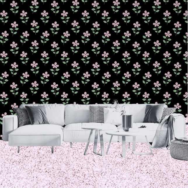 Traditionele roze bloemen zwart bloemenpatroon behang (Living Room)