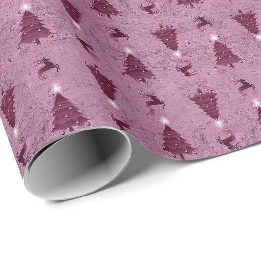 Traditionele roze kerstbomen en rendieren cadeaupapier (Rol Hoek)