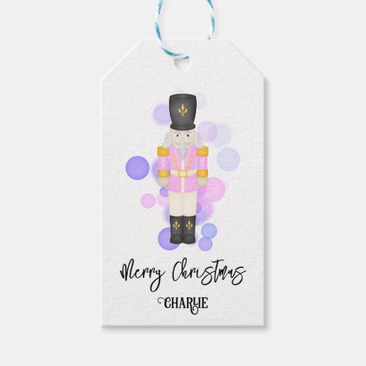 Traditionele Roze & Lila Kerst Notenkraker Cadeaulabel (Voorkant)