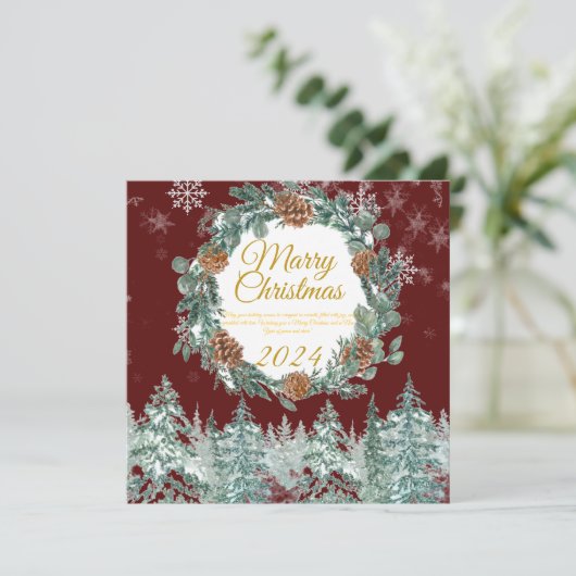 Traditionele rustieke bordeauxrode vrolijke kerstf feestdagenkaart (Staand voorkant)