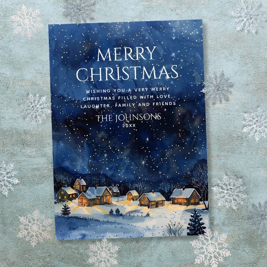 Traditionele Rustieke Waterverf Nachtelijke Hemel Feestdagenkaart