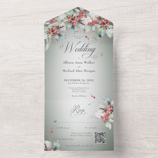 Traditionele Rustieke Winter Holly Berries QR Code All In One Uitnodiging (Binnen)