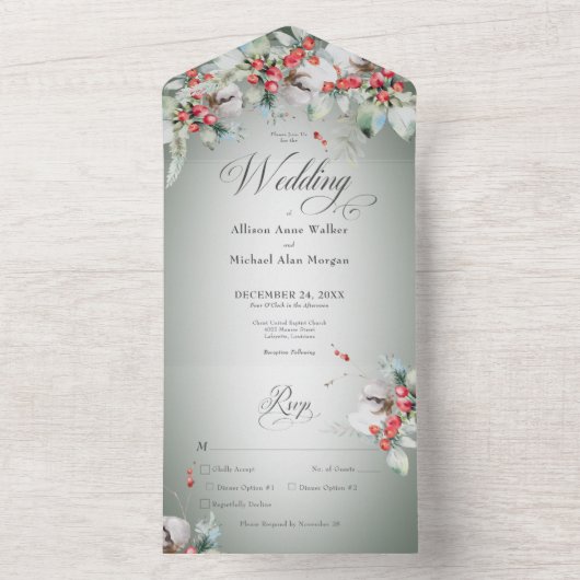 Traditionele rustieke winter Holly bessen diner All In One Uitnodiging (Binnen)