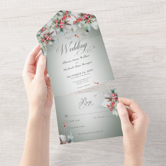 Traditionele rustieke Winter Holly bessen Geen din All In One Uitnodiging (Afscheurbaar)