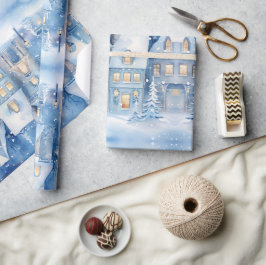 Traditionele Rustieke Winter Stad Blauwe Kerstmis Cadeaupapier