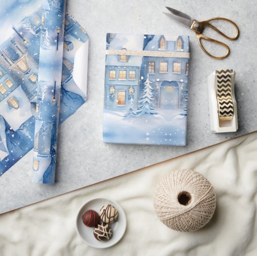 Traditionele Rustieke Winter Stad Blauwe Kerstmis Cadeaupapier (Crafts)