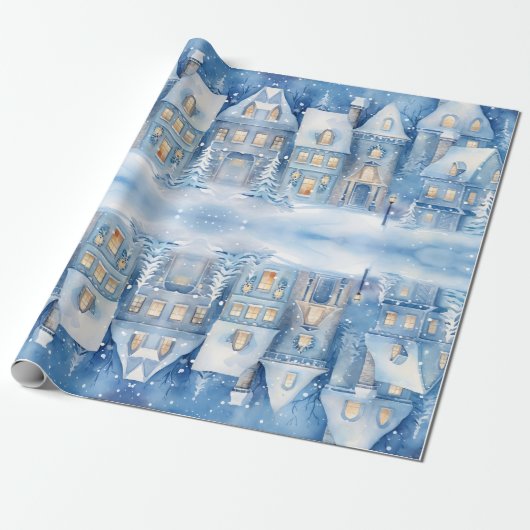Traditionele Rustieke Winter Stad Blauwe Kerstmis Cadeaupapier (Uitgerold)