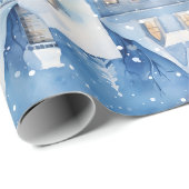Traditionele Rustieke Winter Stad Blauwe Kerstmis Cadeaupapier (Rol Hoek)