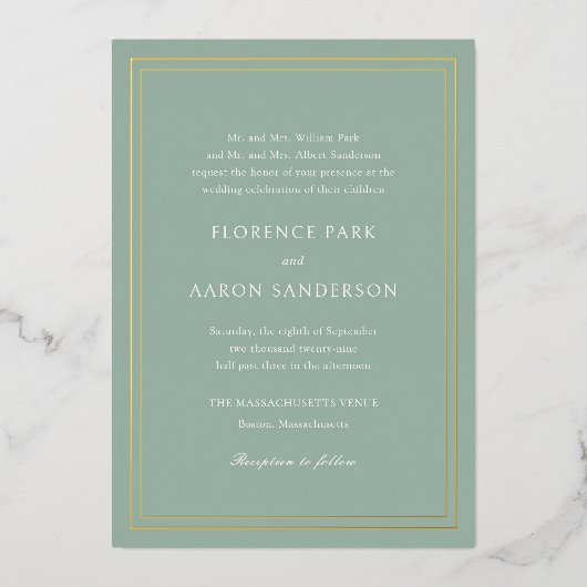 Traditionele Sage Green Timeless Wedding Folie Uitnodiging (Voorkant)