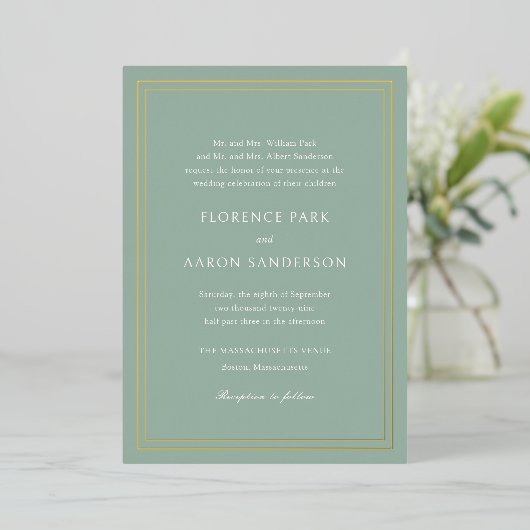 Traditionele Sage Green Timeless Wedding Folie Uitnodiging (Staand Voorkant)