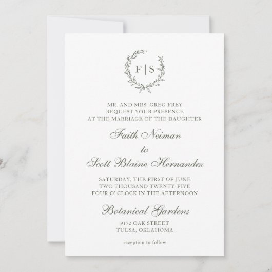 Traditionele Sage Green Wreath Weddenschap Kaart (Voorkant)