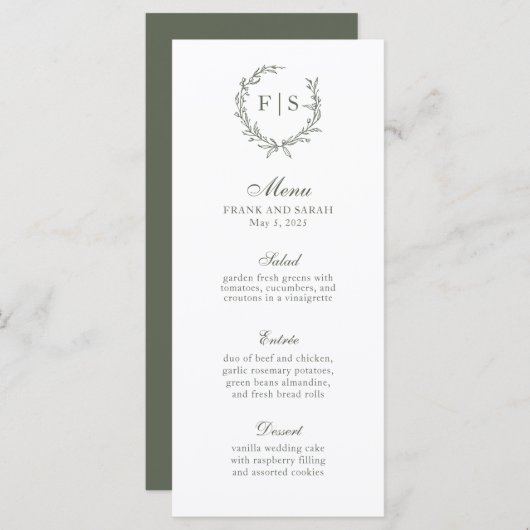 Traditionele Sage Green Wreatormmonogram menu (Voorkant / Achterkant)