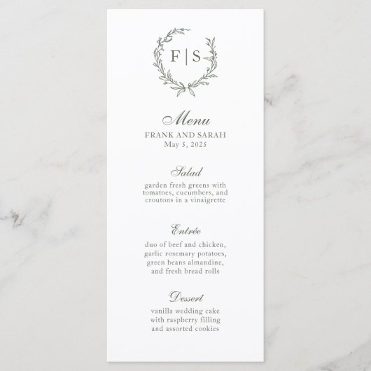 Traditionele Sage Green Wreatormmonogram menu (Voorkant)