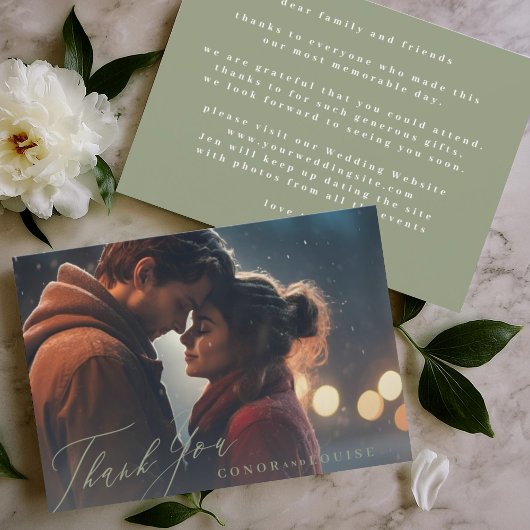 Traditionele Sage Groene Kalligrafie Trouwfoto Bedankkaart