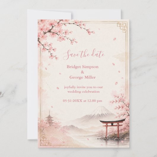 Traditionele Sakura Bruiloft Mount Fuji Elegantie Kaart (Voorkant)