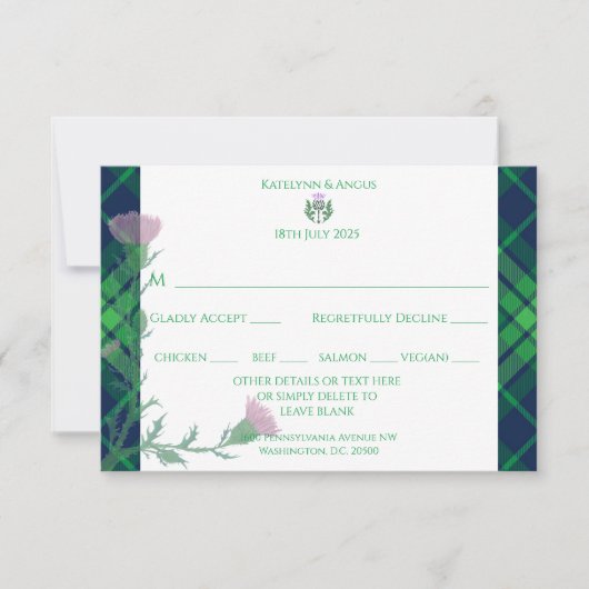 Traditionele Schotse Tartan Border & Thistle RSVP Kaartje (Voorkant)