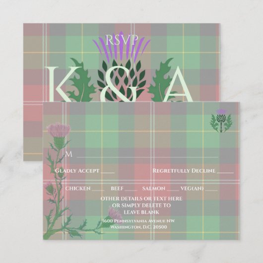 Traditionele Schotse Tartan en Schotse distel RSVP Kaartje (Voorkant / Achterkant)