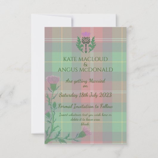 Traditionele Schotse Tartan en Schotse distel Save The Date (Achterkant)