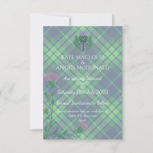 Traditionele Schotse Tartan en Schotse distel Save The Date (Achterkant)