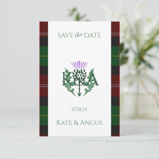 Traditionele Schotse Tartan grens en distel Save The Date (Staand voorkant)