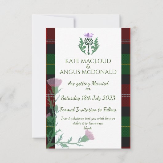 Traditionele Schotse Tartan grens en distel Save The Date (Achterkant)