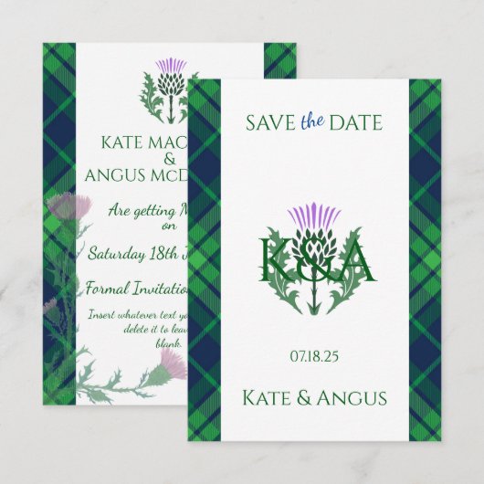 Traditionele Schotse Tartan grens en distel Save The Date (Voorkant / Achterkant)