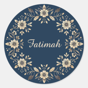 Traditionele sierbloemen marineblauw naam ronde sticker