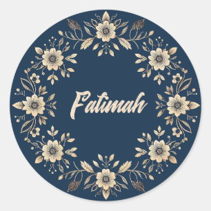 Traditionele sierbloemen marineblauw naam ronde sticker