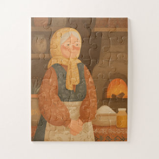 Traditionele Slavische oma bij warme oven Legpuzzel