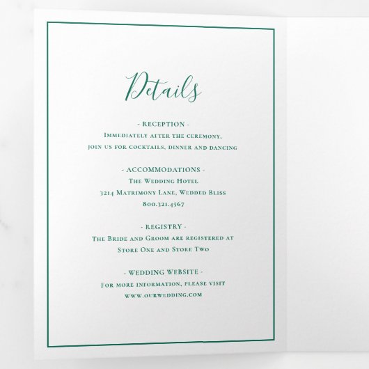 Traditionele smaragdgroene elegante bruiloft drieluik uitnodiging (Binnenzijde eerst)