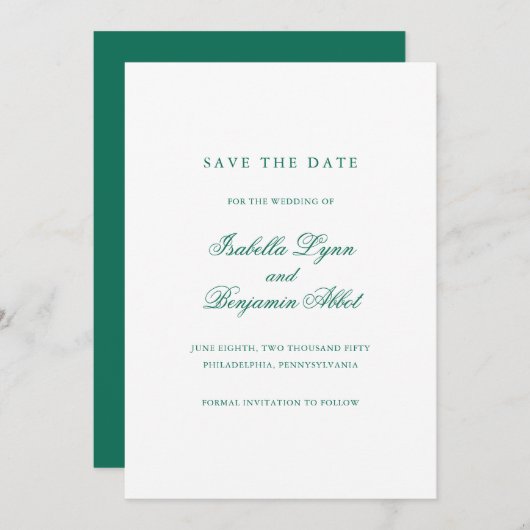 Traditionele Smaragdgroene Formele Elegante Huweli Save The Date (Voorkant / Achterkant)