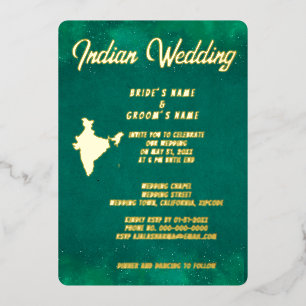 Traditionele Smaragdgroene Indiase bestemming Real Folie Uitnodiging