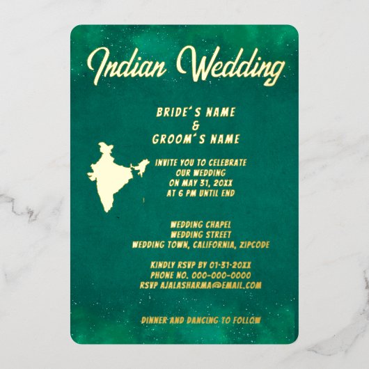 Traditionele Smaragdgroene Indiase bestemming Real Folie Uitnodiging (Voorkant)