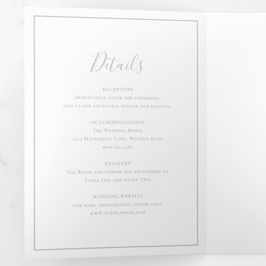 Traditionele stoffige blauwe elegante bruiloft drieluik uitnodiging (Binnenzijde eerst)