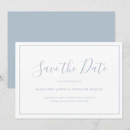 Traditionele stoffige blauwe elegante bruiloft save the date (Voorkant / Achterkant)