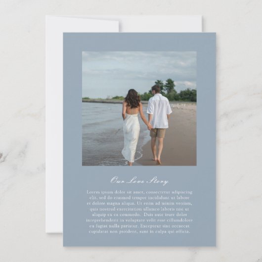 Traditionele stoffige blauwe foto tijdloze bruilof save the date (Achterkant)