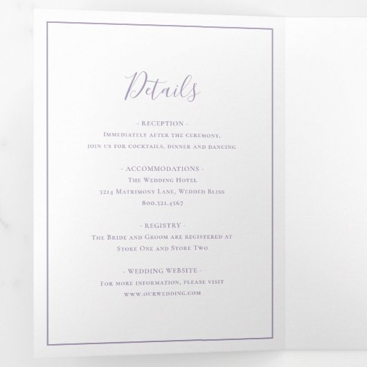 Traditionele stoffige Paarse elegante bruiloft Drieluik Uitnodiging (Binnenzijde eerst)