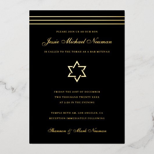 Traditionele stripe Bar Mitzvah Star van David Gol Folie Uitnodiging (Voorkant)