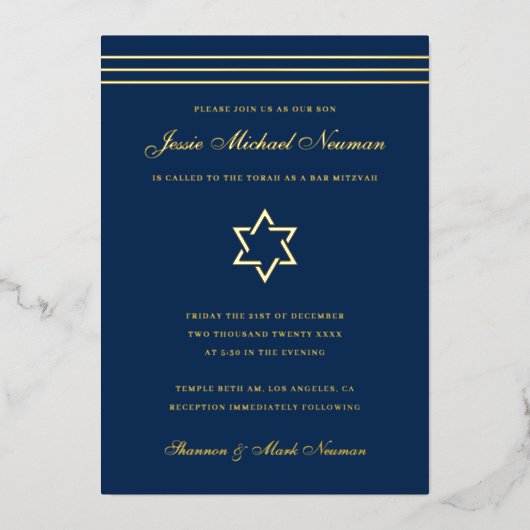 Traditionele stripe Bar Mitzvah Star van David Gol Folie Uitnodiging (Voorkant)