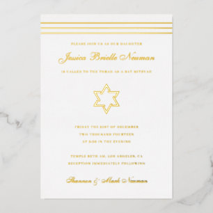 Traditionele stripe Bat Mitzvah Star van David Gol Folie Uitnodiging