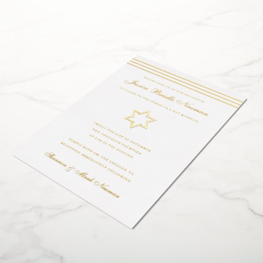 Traditionele stripe Bat Mitzvah Star van David Gol Folie Uitnodiging (Gedraaid)