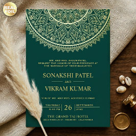 Traditionele Teal Gouden Mandala Indiase Trouw Folie Uitnodiging
