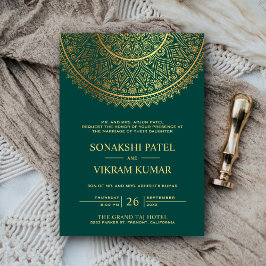 Traditionele Teal Gouden Mandala Indiase Trouw Kaart