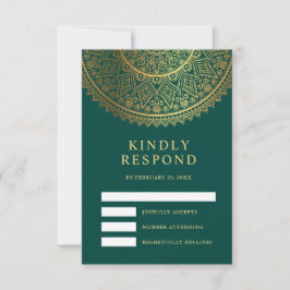 Traditionele Teal Gouden Mandala Indiase Trouwdag RSVP Kaartje