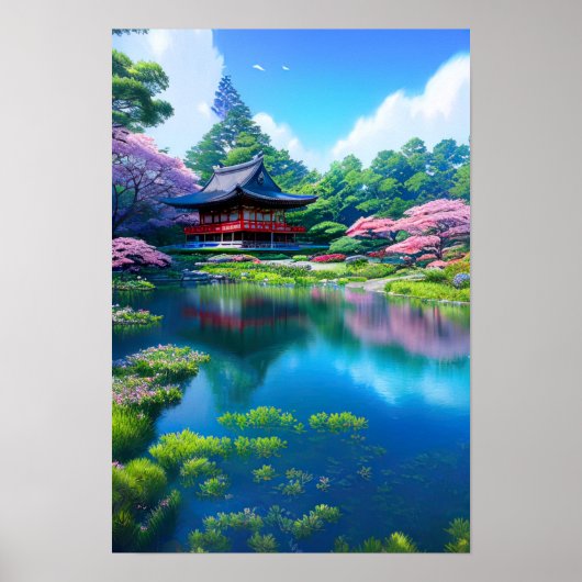 Traditionele tempel bij het meer poster (Voorkant)