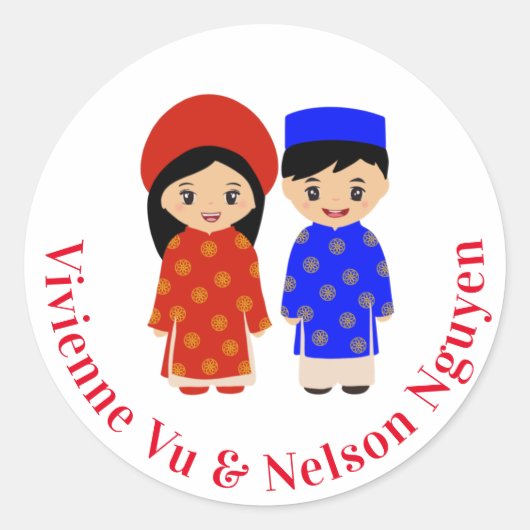 Traditionele Vietnamese ao Dai Wedding Couple Ronde Sticker (Voorkant)