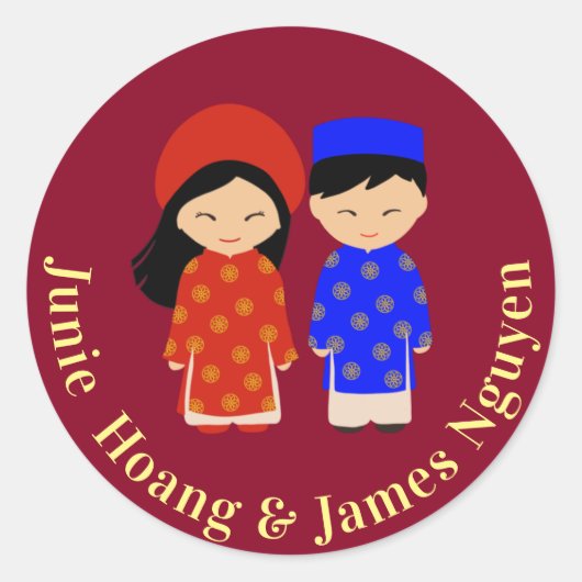 Traditionele Vietnamese ao Dai Wedding Couple Ronde Sticker (Voorkant)