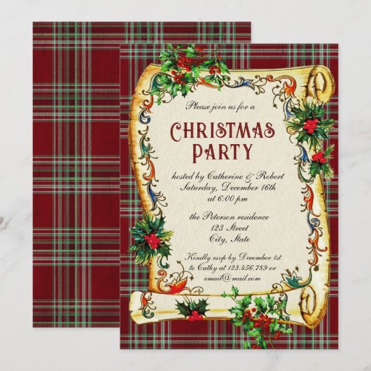 Traditionele Vintage Kerstfeest Scroll Plaid Kaart (Voorkant / Achterkant)